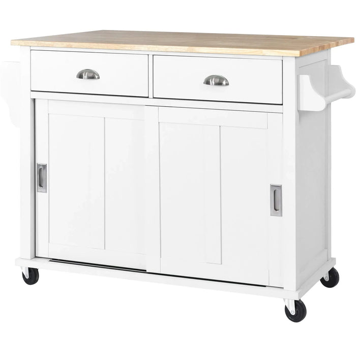 Kitchen Cart with Rubber wood Drop-Leaf Countertop, Concealed sliding barn door adjustable height,Kitchen Island on 4 Wheels with Storage Cabinet and 2 Drawers,L52.2xW30.5xH36.6 inch, White Default -DTYStore