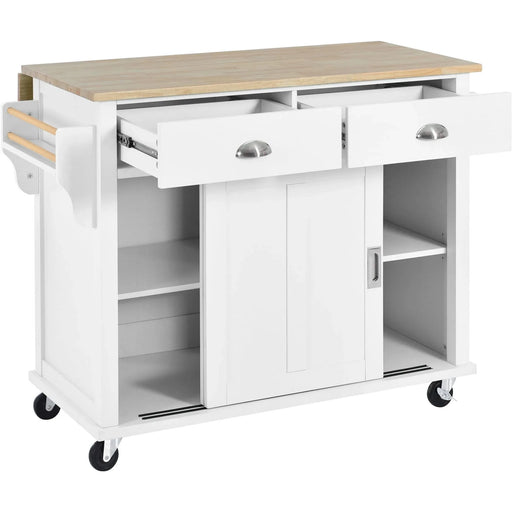 Kitchen Cart with Rubber wood Drop-Leaf Countertop, Concealed sliding barn door adjustable height,Kitchen Island on 4 Wheels with Storage Cabinet and 2 Drawers,L52.2xW30.5xH36.6 inch, White Default -DTYStore
