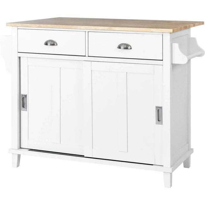 Kitchen Cart with Rubber wood Drop-Leaf Countertop, Concealed sliding barn door adjustable height,Kitchen Island on 4 Wheels with Storage Cabinet and 2 Drawers,L52.2xW30.5xH36.6 inch, White Default -DTYStore