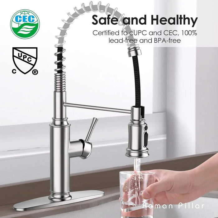 Kitchen Faucet - Spring Kitchen Sink Faucet with 3 Modes Pull Down Sprayer, Single Handle&Deck Plate for 1or3 Holes, 360° Rotation, Spot Resist Stainless Steel No Lead for RV Bar Home Default -DTYStore