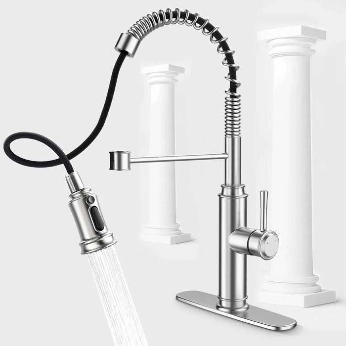 Kitchen Faucet - Spring Kitchen Sink Faucet with 3 Modes Pull Down Sprayer, Single Handle&Deck Plate for 1or3 Holes, 360° Rotation, Spot Resist Stainless Steel No Lead for RV Bar Home Default -DTYStore
