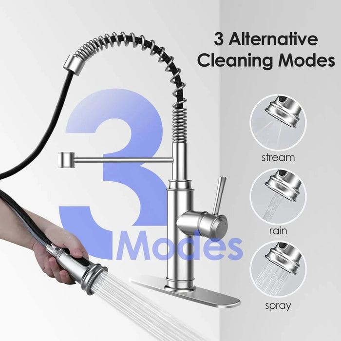 Kitchen Faucet - Spring Kitchen Sink Faucet with 3 Modes Pull Down Sprayer, Single Handle&Deck Plate for 1or3 Holes, 360° Rotation, Spot Resist Stainless Steel No Lead for RV Bar Home Default -DTYStore