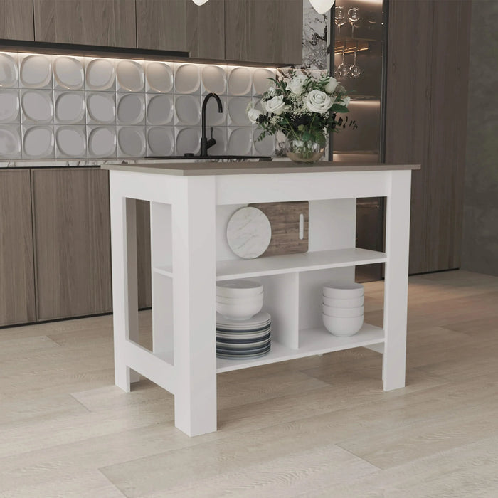 Kitchen Island 35.4' H, with 3 Shelves, White / Taupe Default -DTYStore