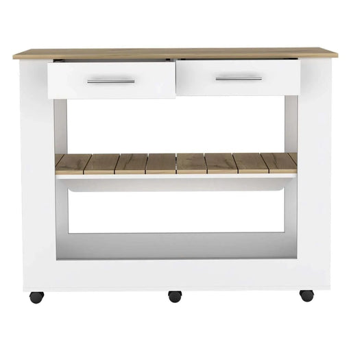 Kitchen Island 36' H, Six Casters, Two Drawers, Two Open Storage Shelves, Towel Hanger, White/Light Oak Default -DTYStore