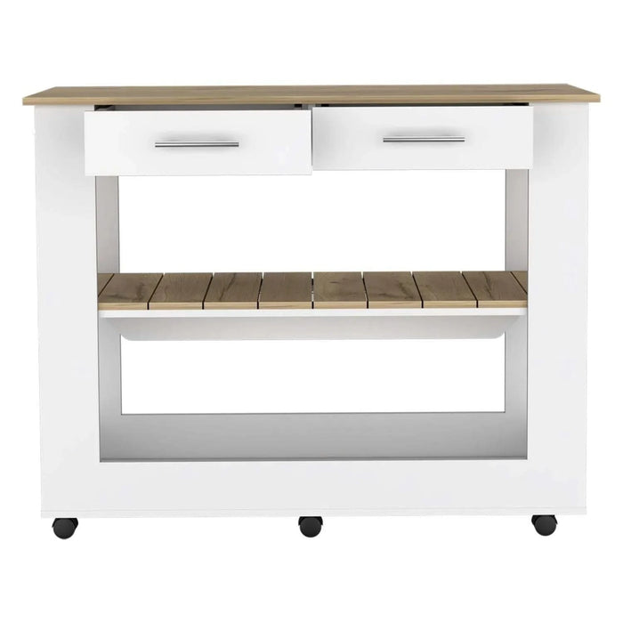 Kitchen Island 36' H, Six Casters, Two Drawers, Two Open Storage Shelves, Towel Hanger, White/Light Oak Default -DTYStore