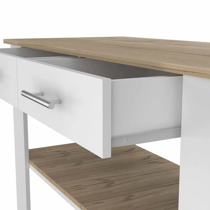 Kitchen Island 36' H, Six Casters, Two Drawers, Two Open Storage Shelves, Towel Hanger, White/Light Oak Default -DTYStore