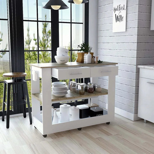 Kitchen Island 36' H, Six Casters, Two Drawers, Two Open Storage Shelves, Towel Hanger, White/Light Oak Default -DTYStore