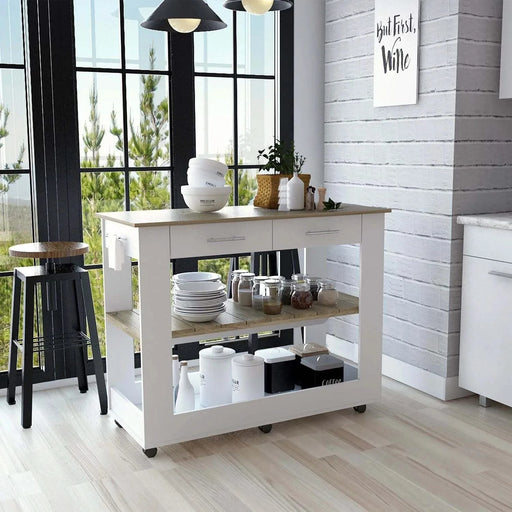 Kitchen Island 36' H, Six Casters, Two Drawers, Two Open Storage Shelves, Towel Hanger, White/Light Oak Default -DTYStore