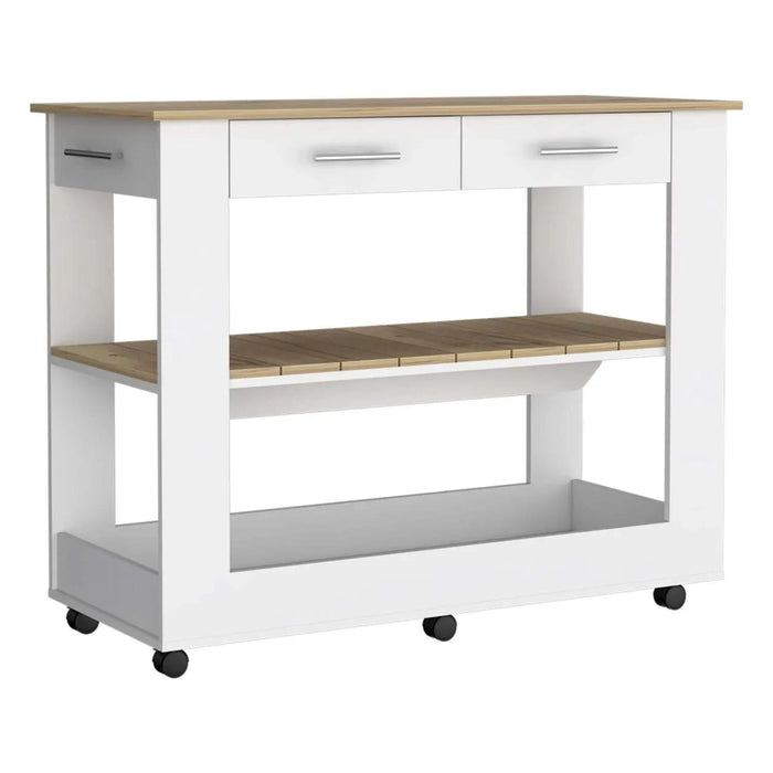 Kitchen Island 36' H, Six Casters, Two Drawers, Two Open Storage Shelves, Towel Hanger, White/Light Oak Default -DTYStore