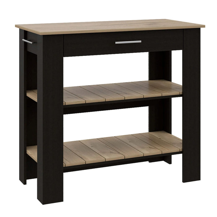 Kitchen Island 37' H, Two Open Storage Shelves, One Drawer, Four Legs,Towel Hanger, Black / Light Oak Default -DTYStore