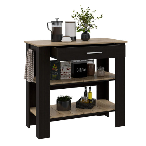 Kitchen Island 37' H, Two Open Storage Shelves, One Drawer, Four Legs,Towel Hanger, Black / Light Oak Default -DTYStore