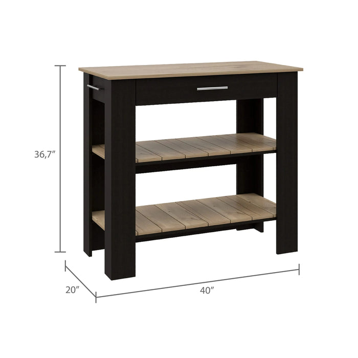 Kitchen Island 37' H, Two Open Storage Shelves, One Drawer, Four Legs,Towel Hanger, Black / Light Oak Default -DTYStore