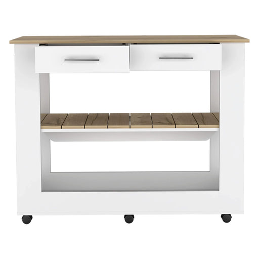 Kitchen Island 46 Inches Dozza, Two Drawers, White / Light Oak Finish Default -DTYStore