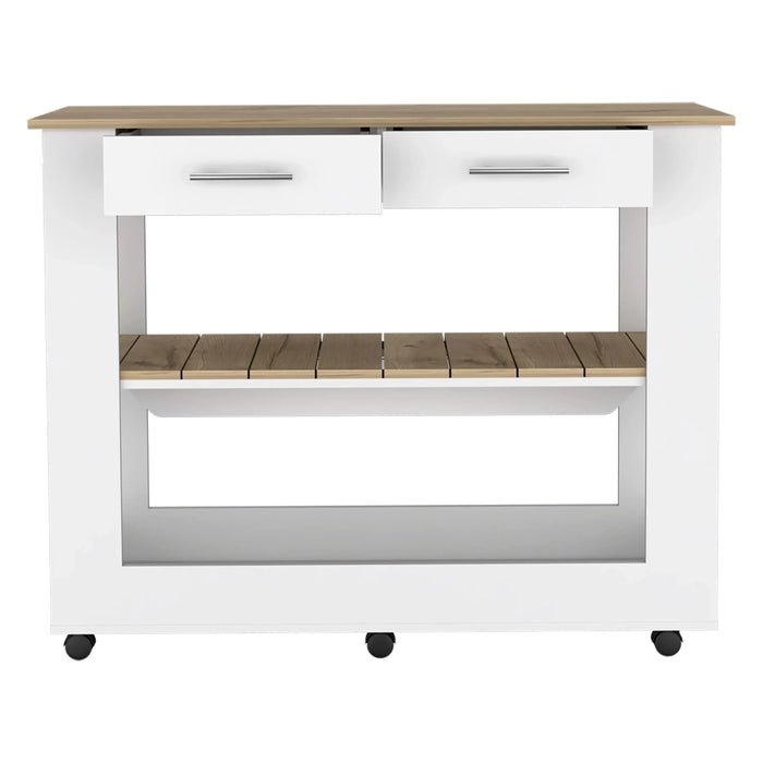 Kitchen Island 46 Inches Dozza, Two Drawers, White / Light Oak Finish Default -DTYStore