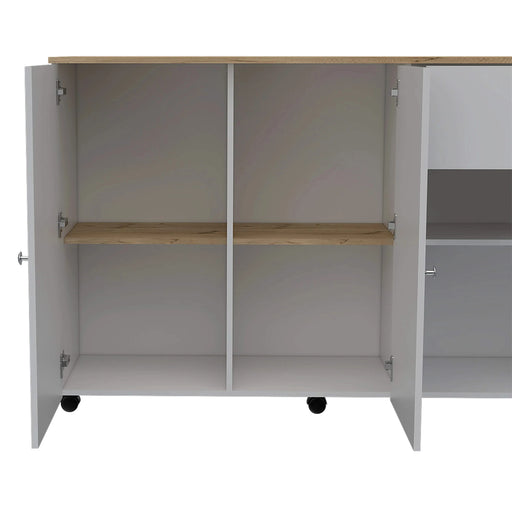 Kitchen Island Cart Victoria, Four Interior Shelves, Six Carters, One Drawer, Double Door Cabinet -White / Light Oak Default -DTYStore