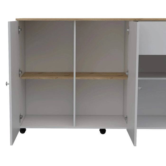 Kitchen Island Cart Victoria, Four Interior Shelves, Six Carters, One Drawer, Double Door Cabinet -White / Light Oak Default -DTYStore