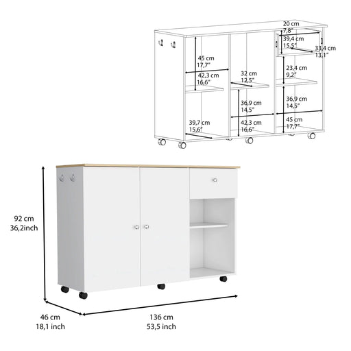 Kitchen Island Cart Victoria, Four Interior Shelves, Six Carters, One Drawer, Double Door Cabinet -White / Light Oak Default -DTYStore
