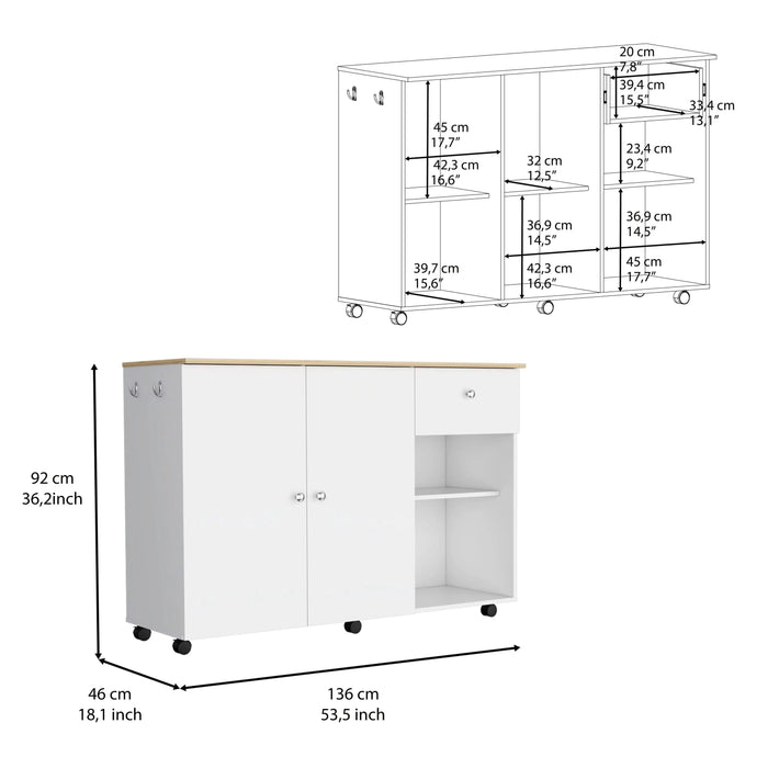 Kitchen Island Cart Victoria, Four Interior Shelves, Six Carters, One Drawer, Double Door Cabinet -White / Light Oak Default -DTYStore