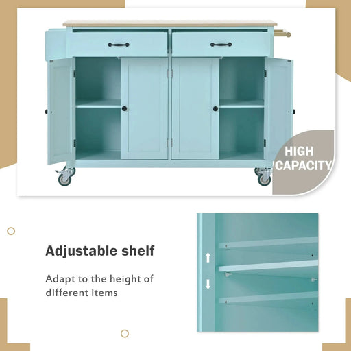 Kitchen Island Cart with 4 Door Cabinet and Two Drawers and 2 Locking Wheels - Solid Wood Top, Adjustable Shelves, Spice & Towel Rack(Mint Green) Default -DTYStore