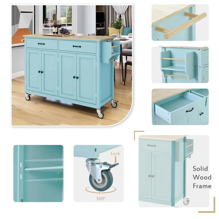 Kitchen Island Cart with 4 Door Cabinet and Two Drawers and 2 Locking Wheels - Solid Wood Top, Adjustable Shelves, Spice & Towel Rack(Mint Green) Default -DTYStore