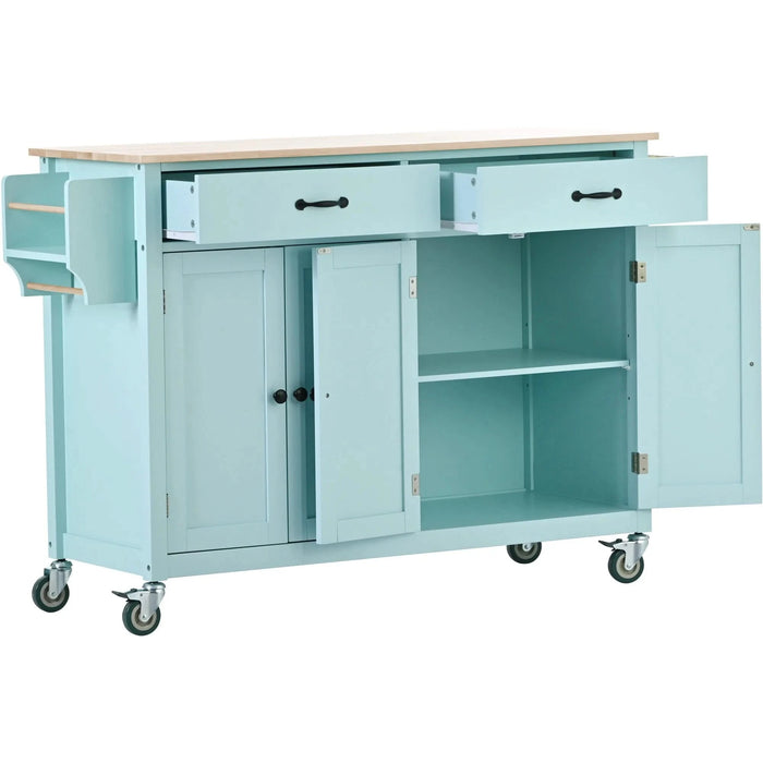 Kitchen Island Cart with 4 Door Cabinet and Two Drawers and 2 Locking Wheels - Solid Wood Top, Adjustable Shelves, Spice & Towel Rack(Mint Green) Default -DTYStore