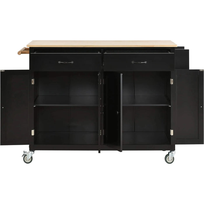 Kitchen Island Cart with Solid Wood Top and Locking Wheels,54.3 Inch Width,4 Door Cabinet and Two Drawers,Spice Rack, Towel Rack (Black) Default -DTYStore