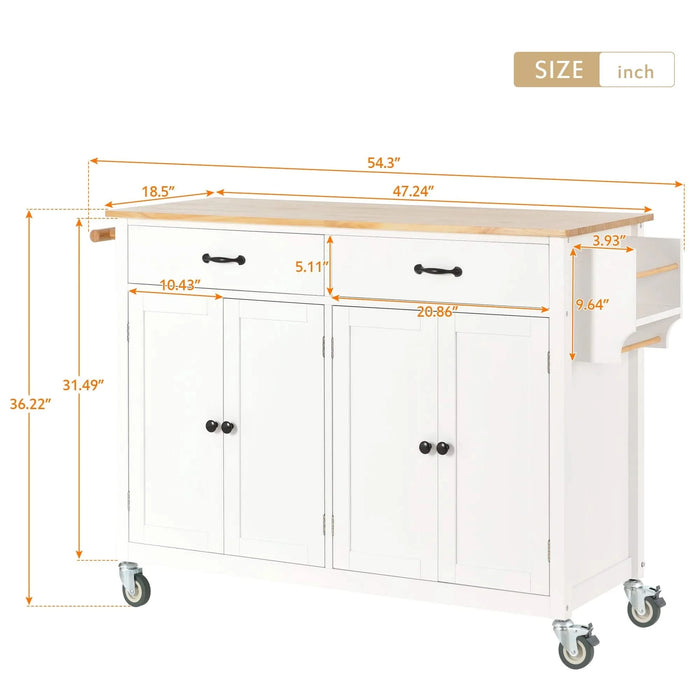Kitchen Island Cart with Solid Wood Top and Locking Wheels,54.3 Inch Width,4 Door Cabinet and Two Drawers,Spice Rack, Towel Rack (White) Default -DTYStore