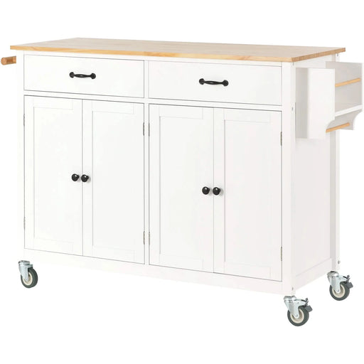 Kitchen Island Cart with Solid Wood Top and Locking Wheels,54.3 Inch Width,4 Door Cabinet and Two Drawers,Spice Rack, Towel Rack (White) Default -DTYStore