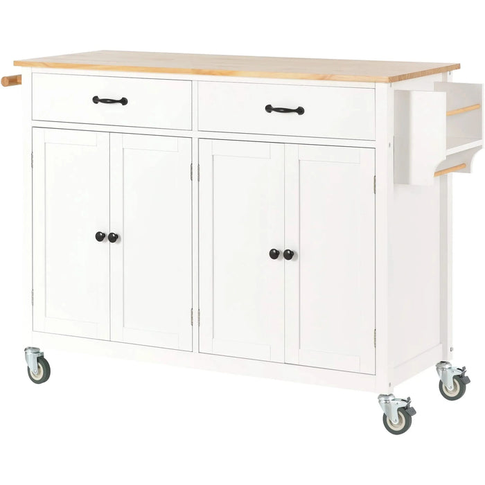 Kitchen Island Cart with Solid Wood Top and Locking Wheels,54.3 Inch Width,4 Door Cabinet and Two Drawers,Spice Rack, Towel Rack (White) Default -DTYStore