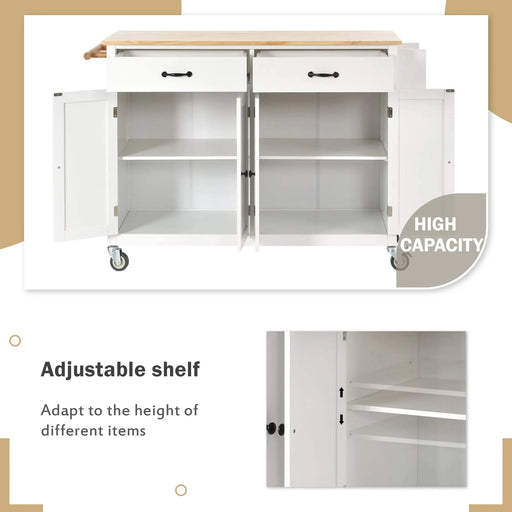 Kitchen Island Cart with Solid Wood Top and Locking Wheels,54.3 Inch Width,4 Door Cabinet and Two Drawers,Spice Rack, Towel Rack (White) Default -DTYStore
