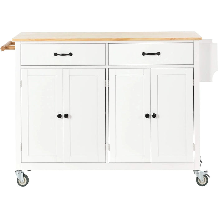 Kitchen Island Cart with Solid Wood Top and Locking Wheels,54.3 Inch Width,4 Door Cabinet and Two Drawers,Spice Rack, Towel Rack (White) Default -DTYStore