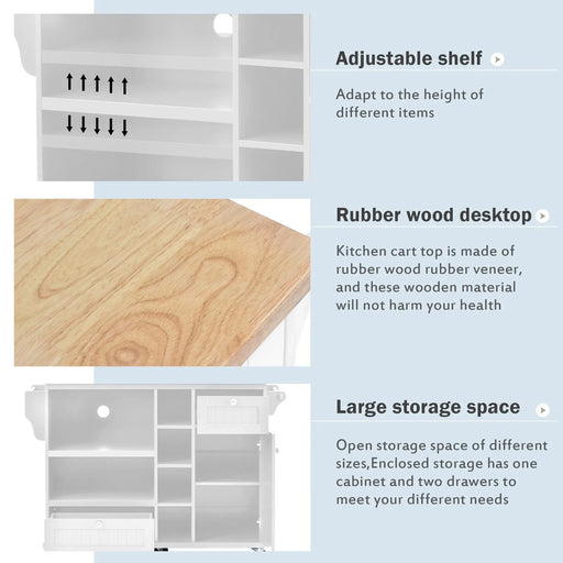 Kitchen Island Cart with Storage Cabinet and Two Locking Wheels,Solid wood desktop,Microwave cabinet,Floor Standing Buffet Server Sideboard for Kitchen Room,Dining Room,, Bathroom(White) Default -DTYStore