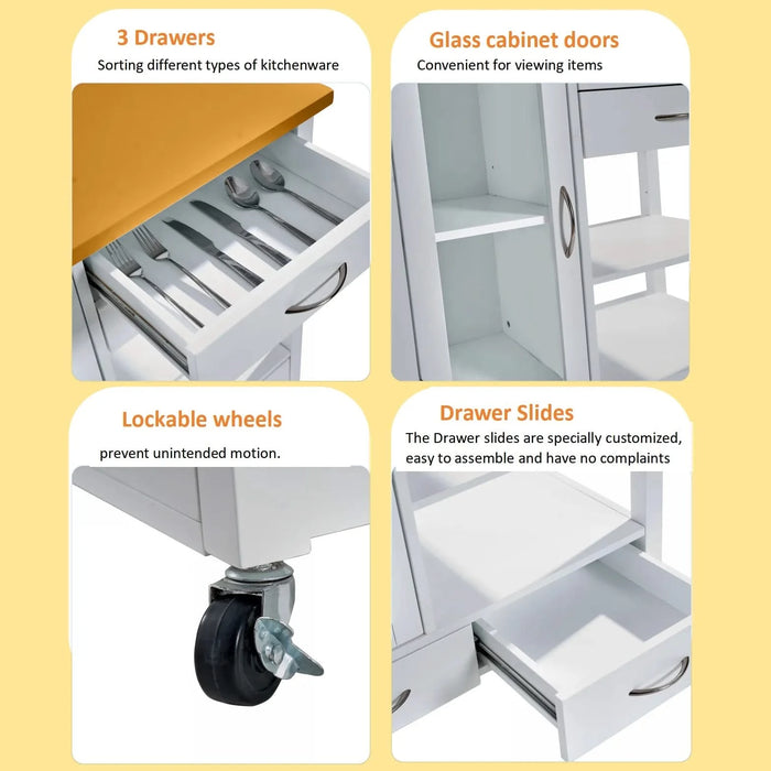 Kitchen Island Cart with walnut wood Top, Rolling Storage Cabinet on Wheels with Drawers, Sideboard Buffet with Towel Bar, White Default -DTYStore