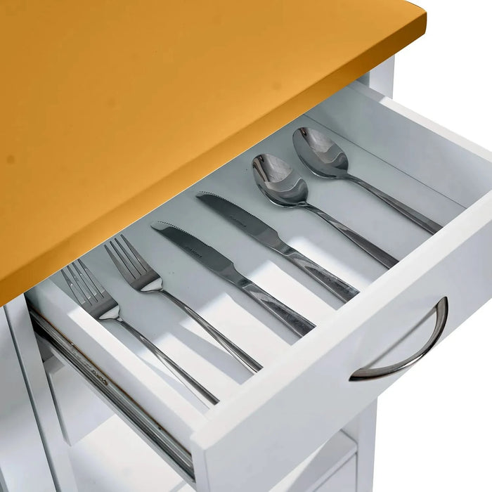 Kitchen Island Cart with walnut wood Top, Rolling Storage Cabinet on Wheels with Drawers, Sideboard Buffet with Towel Bar, White Default -DTYStore