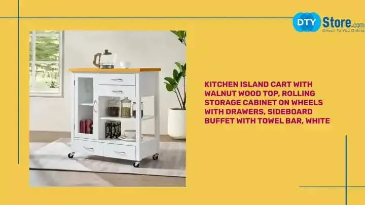 Kitchen Island Cart with walnut wood Top, Rolling Storage Cabinet on Wheels with Drawers, Sideboard Buffet with Towel Bar, White Default -DTYStore