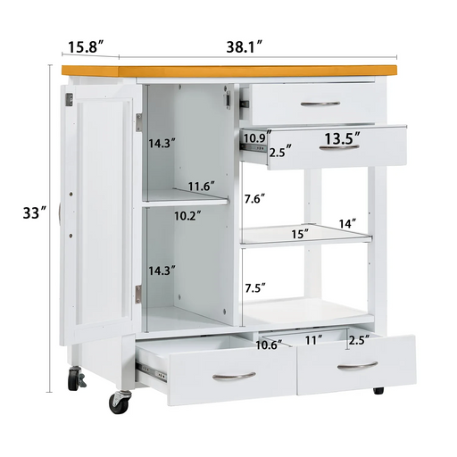 Kitchen Island Cart with walnut wood Top, Rolling Storage Cabinet on Wheels with Drawers, Sideboard Buffet with Towel Bar, White Default -DTYStore