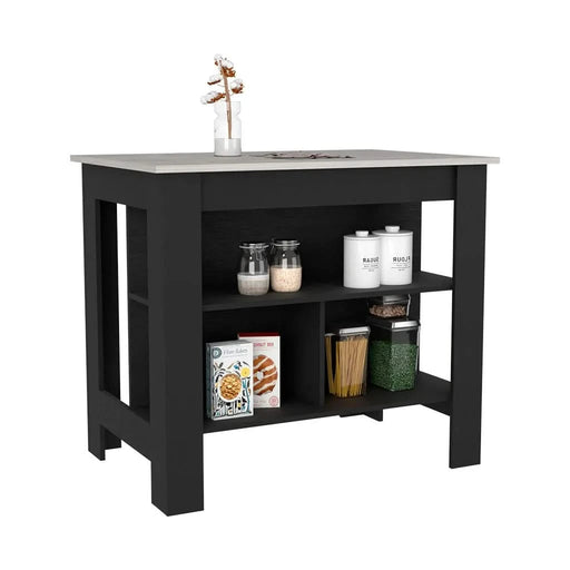 Kitchen Island Dozza, Three Shelves, Black / Ibiza Marble Color Finish Default -DTYStore