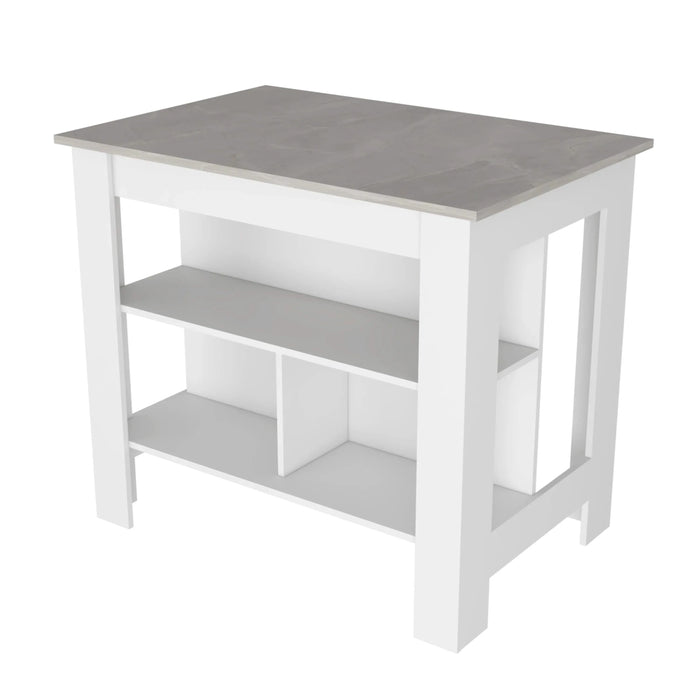 Kitchen Island Dozza, Three Shelves, White / Ibiza Marble Color Finish Default -DTYStore
