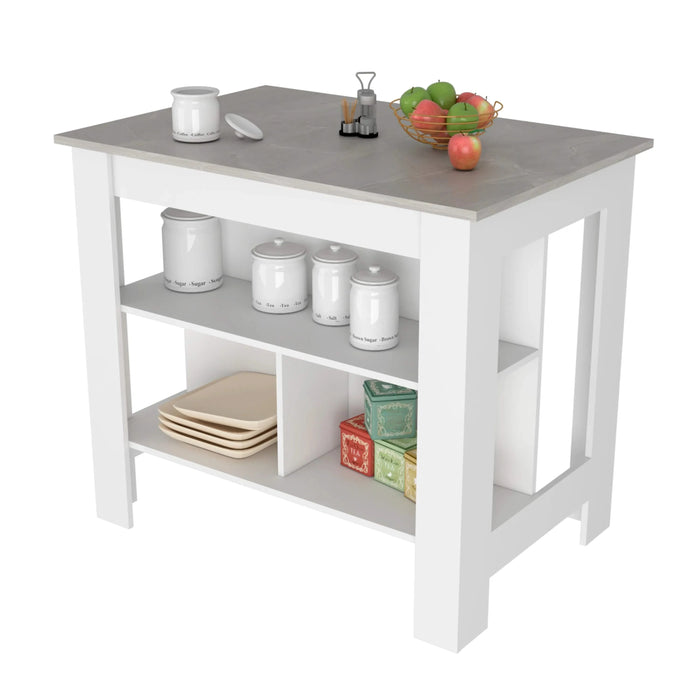 Kitchen Island Dozza, Three Shelves, White / Ibiza Marble Color Finish Default -DTYStore