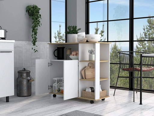Kitchen Island Kamkacht, One Cabinet, Four Open Shelves, Light Oak / White Finish Default -DTYStore