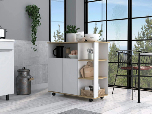 Kitchen Island Kamkacht, One Cabinet, Four Open Shelves, Light Oak / White Finish Default -DTYStore