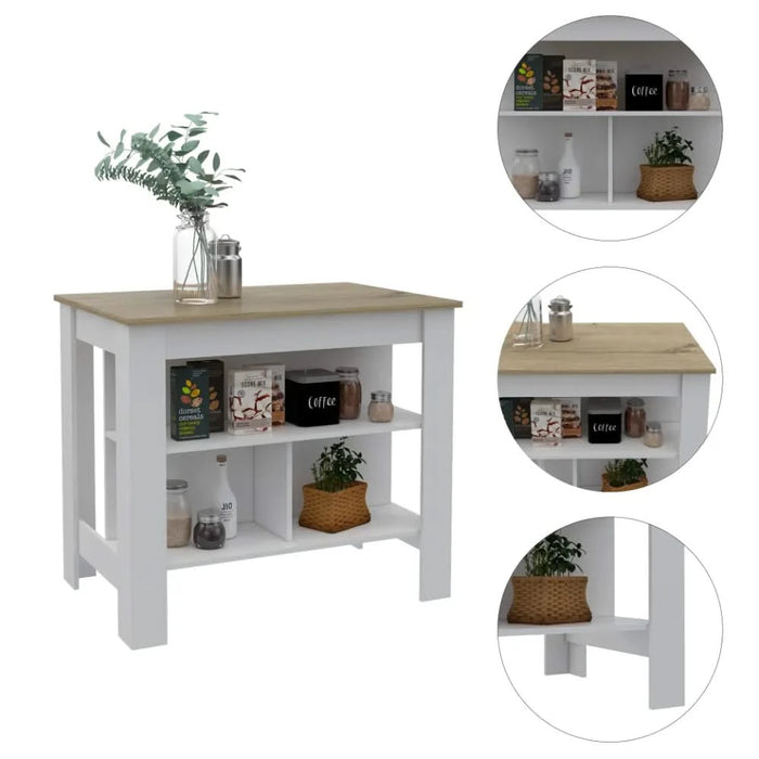 Kitchen Island, Kitchen Table 35' H, Three Open Storage Shelves, Four Legs, White/Light Oak Default -DTYStore