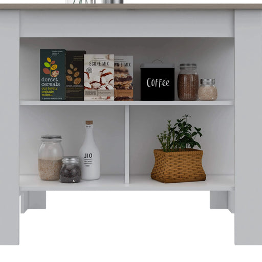 Kitchen Island, Kitchen Table 35' H, Three Open Storage Shelves, Four Legs, White / Light Gray Default -DTYStore