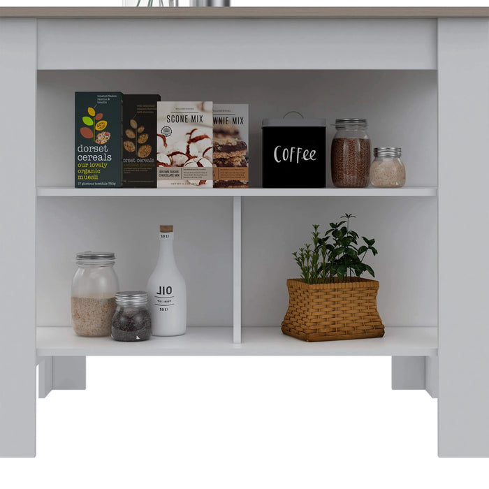 Kitchen Island, Kitchen Table 35' H, Three Open Storage Shelves, Four Legs, White / Light Gray Default -DTYStore