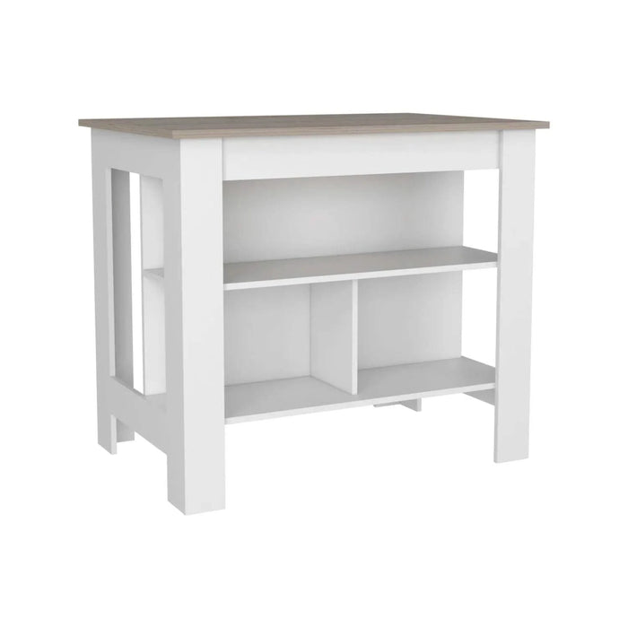 Kitchen Island, Kitchen Table 35' H, Three Open Storage Shelves, Four Legs, White / Light Gray Default -DTYStore