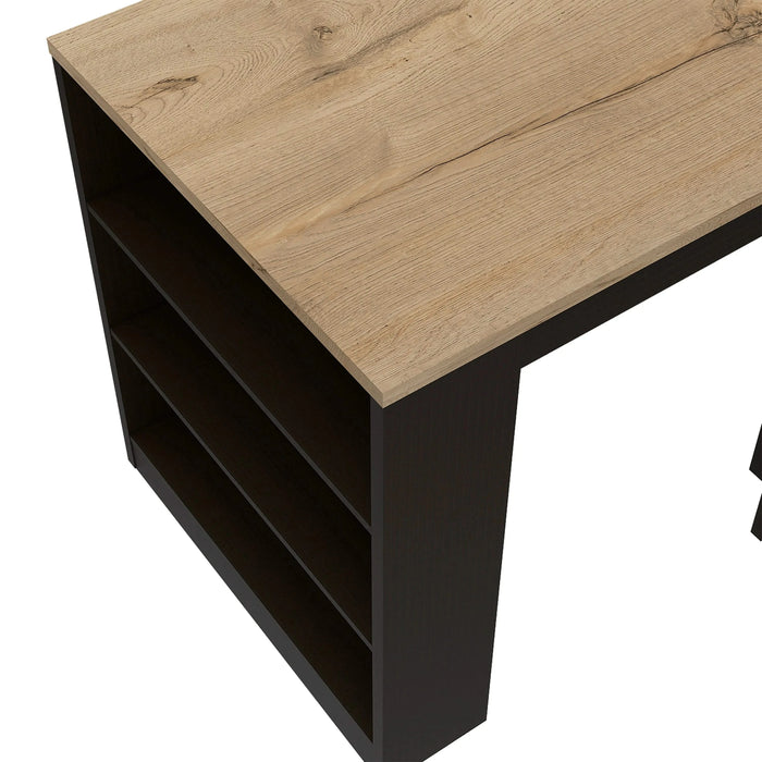 Kitchen Island Table, Two Legs, Three Side Shelves, Black / Pine Default -DTYStore