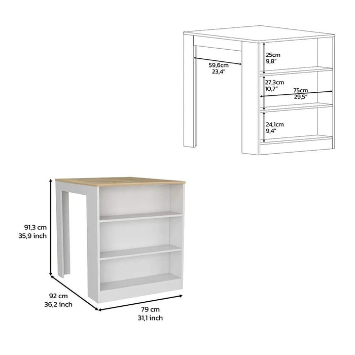 Kitchen Island Table, Two Legs, Three Side Shelves, White / Pine Default -DTYStore