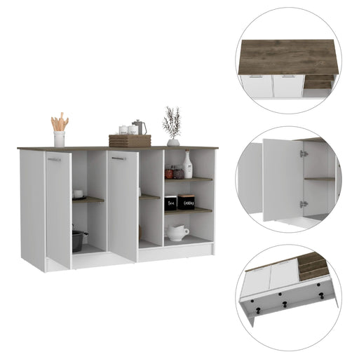 Kitchen Island Two Cabinets, Three Open Shelves, White / Dark Brown Default -DTYStore