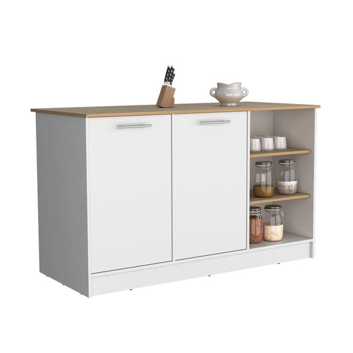 Kitchen Island Two Cabinets, Three Open Shelves, White / Natural Oak Default -DTYStore