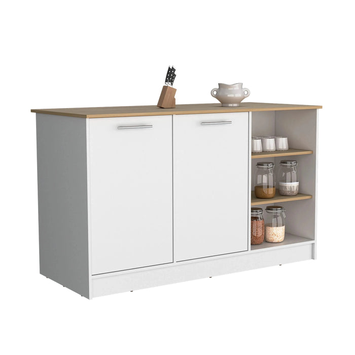 Kitchen Island Two Cabinets, Three Open Shelves, White / Natural Oak Default -DTYStore